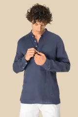 Camisa cuello mao efecto lavado de lino hombre