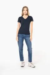 Camiseta de punto piqué con cuello de pico mujer