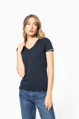 Camiseta de punto piqué con cuello de pico mujer