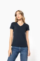 Camiseta de punto piqué con cuello de pico mujer