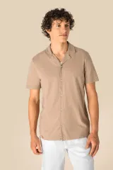 Camisa ecorresponsable efecto lavado de punto jersey manga corta con cuello bowling hombre