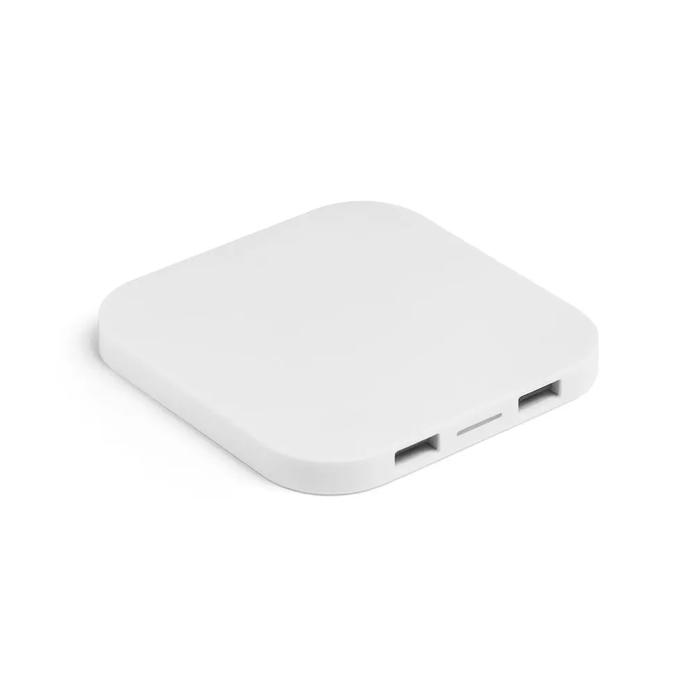CAROLINE. Cargador inalámbrico superrápido de 15W con HUB 2 puertos USB-A, fabricado en ABS reciclado (60% rABS)