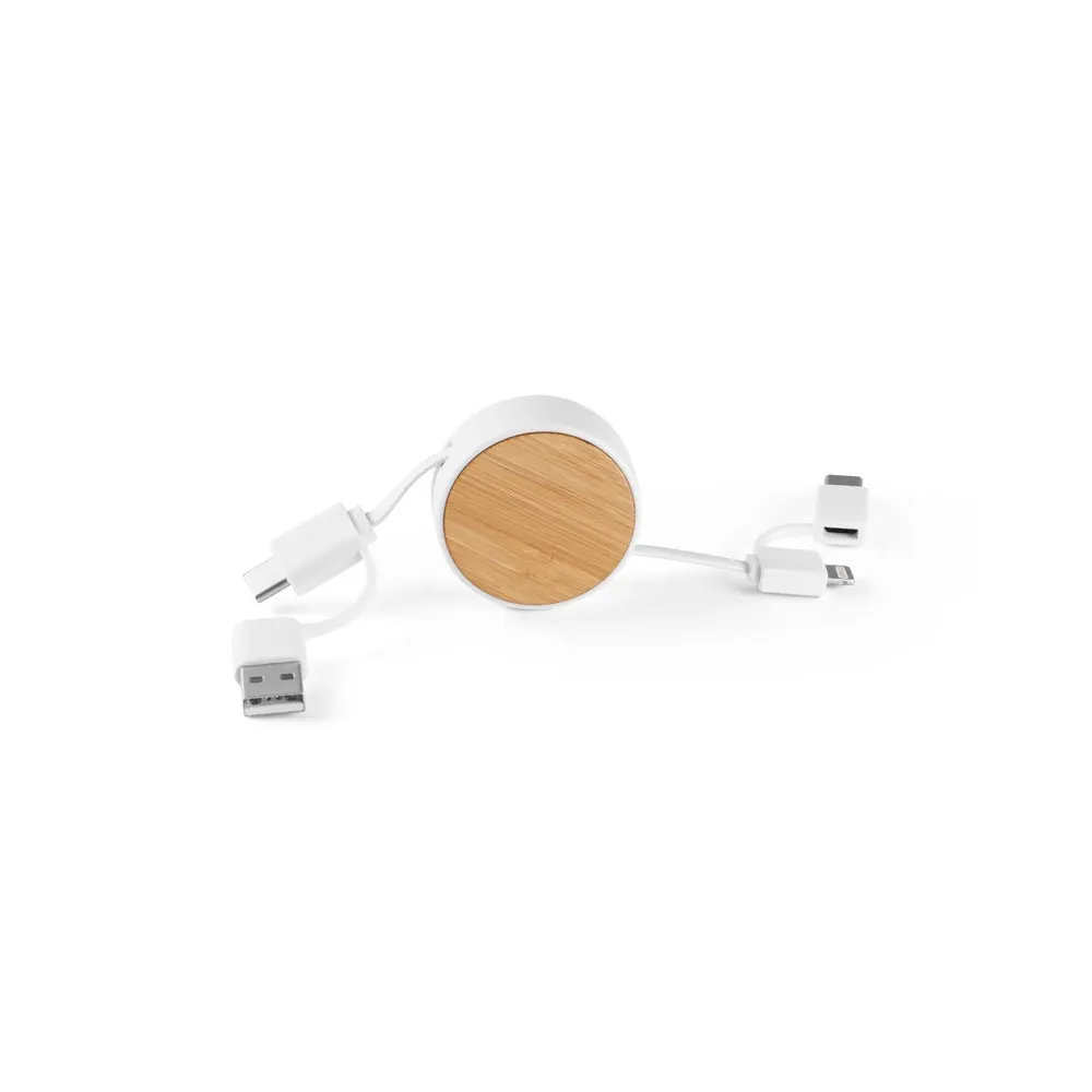 RUBINS. Cable USB retráctil 6 en 1 en ABS reciclado (100% rABS) y bambú