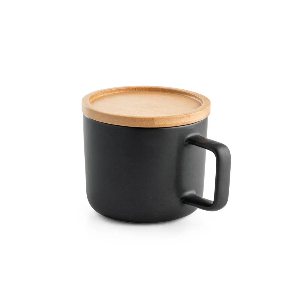 FANGIO. Taza de cerámica con tapa y base de bambú de 220 mL