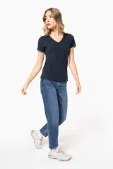Camiseta de punto piqué con cuello de pico mujer